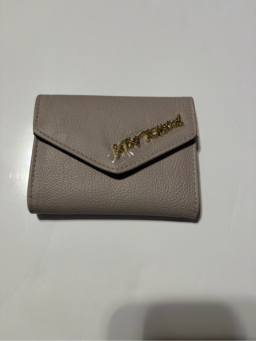 Betsey Johnson Taupe Pebbled Envelope Wallet with Gold Script Logo